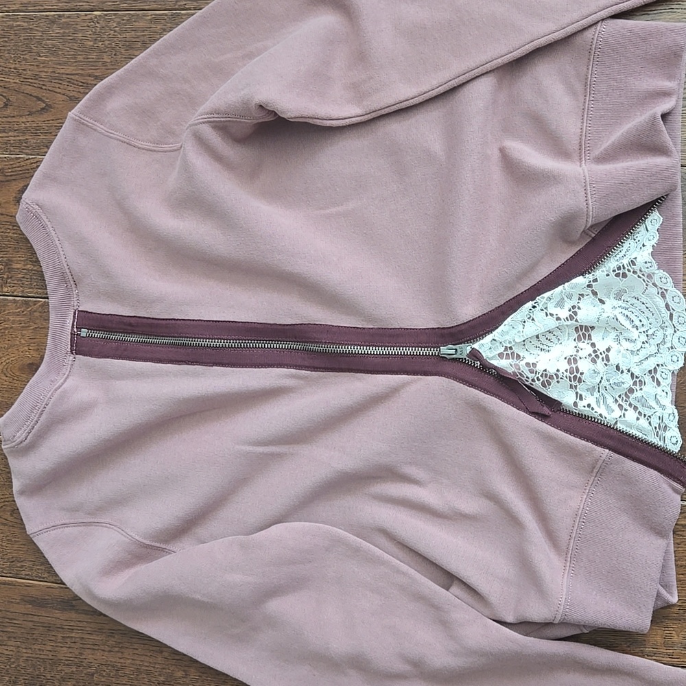 Abercrombie & Fitch White Lace Inset Zip Back Dusty Pink Sweatshirt S Soft